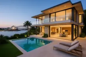 High-quality, sophisticated image of a luxurious Australian home at golden hour, reflecting real estate opportunities amid falling inflation.