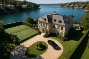 Aerial view of a luxury waterfront Sydney estate with tennis court, pool, and Rolls-Royce in the driveway — symbolising high-end property demand.