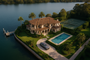 High-resolution aerial image of a luxury waterfront Sydney estate featuring a tennis court, pool, and Rolls-Royce in the driveway.