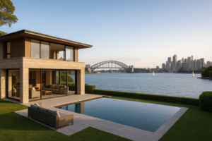 sophisticated image depicting a luxury Sydney waterfront home with expansive harbour views, relevant to Australian real estate insights. rodney mcloughlin
