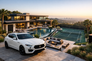 Luxury modern mansion with infinity pool, private tennis court, city views and white Maserati in driveway
