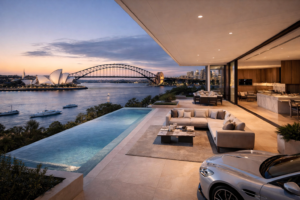High-quality, sophisticated image depicting a luxury Sydney harbourfront penthouse with water views, reflecting Australia’s premium real estate market. rodney mcloughlin