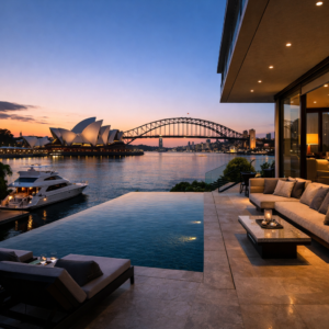 High-quality, sophisticated image depicting a luxury Sydney harbourfront property at sunset, showcasing premium real estate and market stability. Rodney Mcloughlin