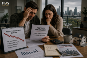 Rodney Mcloughlin. TBAS Buyers Agents. Australian property market downturn, featuring luxury Sydney apartments and homes with subdued market sentiment, overcast skies, auction signs, and premium real estate visuals reflecting investor uncertainty after new tax reforms.
