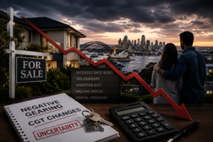Sydney waterfront property overlooking Sydney Harbour, representing investor uncertainty, housing affordability challenges and changing Australian property market conditions. rodney mcloughlin
