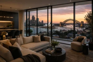 Luxury Sydney apartment overlooking Sydney Harbour during a subdued property market, reflecting Australia's housing downturn and market uncertainty. Image created for Rodney McLoughlin's Australian real estate newsletter.