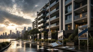 Luxury Sydney apartment auction with limited bidder activity, reflecting weaker auction clearance rates, buyer caution and Sydney buyers market conditions. Insights by Rodney McLoughlin.