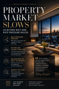 Property Market Slows as Buyers Wait and Rate Pressure Builds – Luxury Australian home with a premium real estate backdrop highlighting rising interest rate pressure, cautious buyers, price reductions and changing market conditions. Weekly Australian property market update and insights by Rodney McLoughlin.