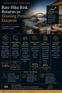 Sydney property market pressure, rising interest rate risk, softer home prices and rental stress. rodney mcloughlin tbas buyers agents