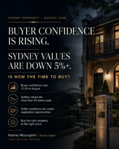 Sydney property market August 2026 showing buyer confidence rising and Sydney property values falling, with insights from Rodney McLoughlin of TBAS Buyers Agents.