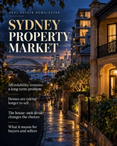 Sydney property market topics over a twilight view of a Sydney residential street, apartment buildings and the Harbour Bridge. rodney mcloughlin. tbas buyers agents