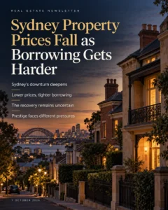 Sydney Property Prices Fall as Borrowing Gets Harder”, illustrating Rodney McLoughlin’s weekly newsletter. tbas buyers agents