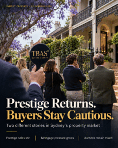 Sydney property auction beneath jacarandas, with buyers outside terrace homes and a navy-and-gold TBAS® Buyers Agents paddle, accompanying Rodney McLoughlin’s newsletter on returning prestige sales and cautious buyers.