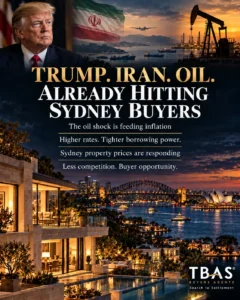 TBAS Buyers Agents graphic for Rodney McLoughlin’s article, featuring Donald Trump, an Iranian flag, oil infrastructure and luxury Sydney harbour homes, with headings about inflation, higher interest rates, borrowing power and buyer opportunities.