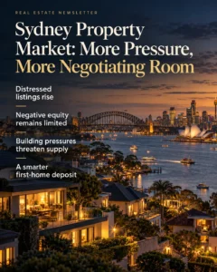 Sydney homes overlooking the harbour at dusk, with property-market headlines for Rodney McLoughlin’s weekly real estate newsletter. tbas buyers agents